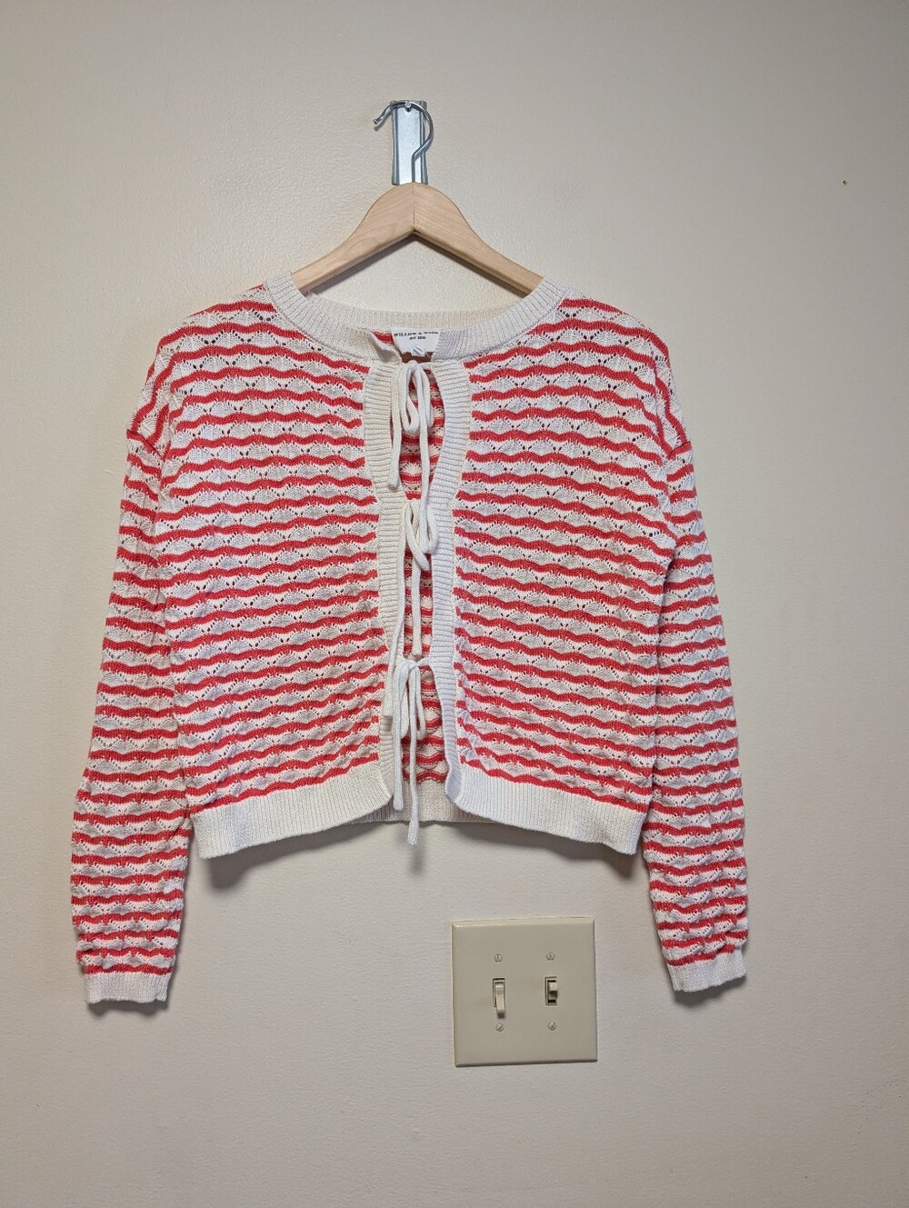 Willow & Wind Coral Stripe Tie Front Cropped Cotton Cardigan Size S